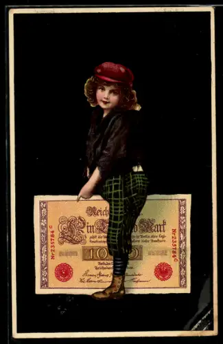 AK Mädchen sitzt auf Reichsbanknote über 1000 Mark, Geld