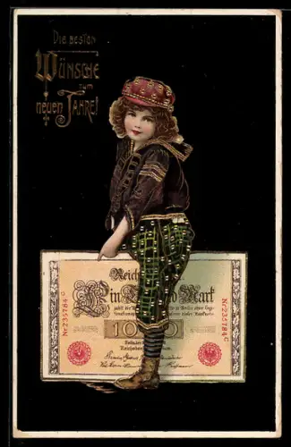 AK Mädchen sitzt auf Reichsbanknote über 1000 Mark, Neujahrsgrüsse, Geld