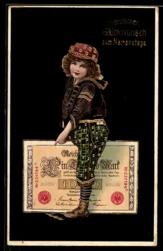 AK Mädchen sitzt auf Reichsbanknote über 1000 Mark, Gruss zum Namenstag, Geld