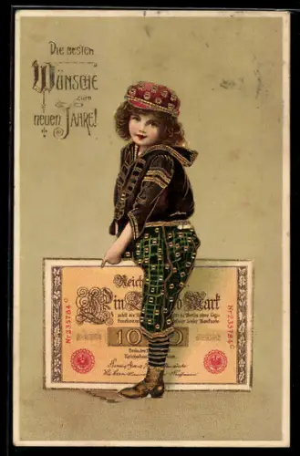 AK Wünsche zum neuen Jahre, Kind mit Geldschein