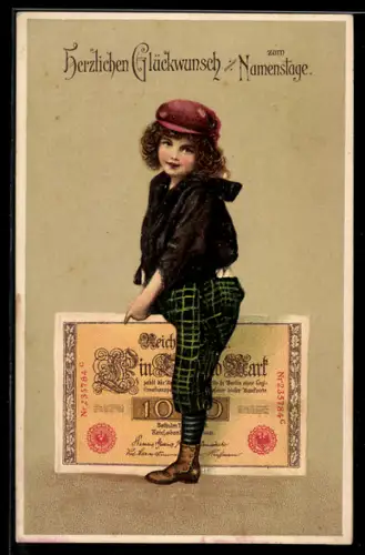 AK Mädchen mit Reichsbanknote über 1000 Mark, Gruss zum Namenstag, Geld