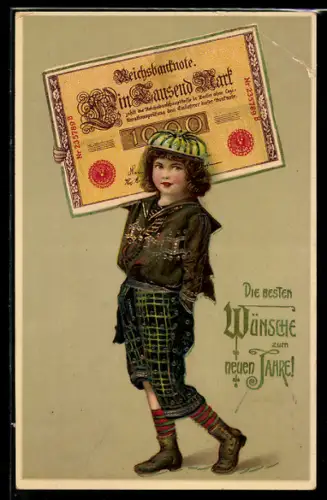 AK Mädchen trägt Reichsbanknote über 1000 Mark, Neujahrsgruss, Geld
