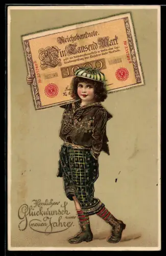 AK Kind trägt Reichsbanknote über 1000 Mark, Neujahrsgruss, Geld