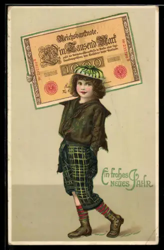 AK Mädchen trägt Reichsbanknote über 1000 Mark, Neujahrsgruss, Geld