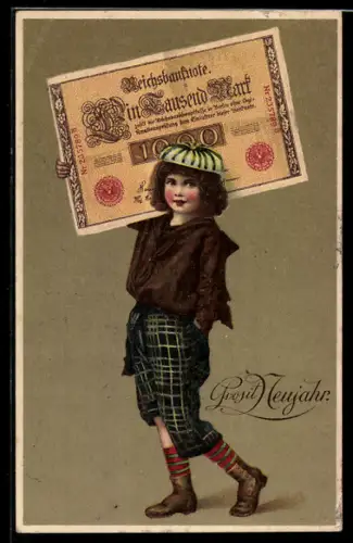 AK Kind trägt Reichsbanknote über 1000 Mark, Neujahrsgruss, Geld