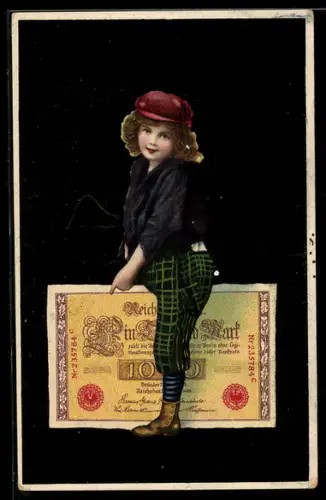 AK Mädchen mit Reichsbanknote zu 1000 Mark, Geld