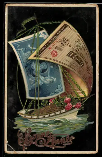 AK Segelboot mit Segeln aus Banknoten, Neujahrsgruss mit Geld