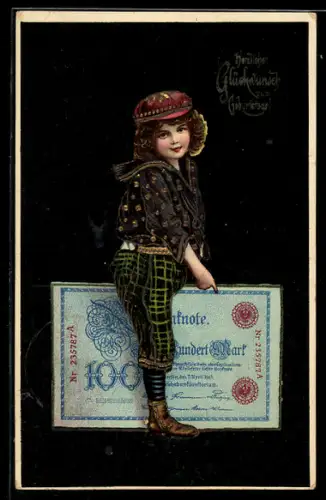 AK Mädchen mit Reichsbanknote über 100 Mark, Geburtstagsgruss, Geld