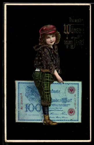 AK Mädchen mit Reichsbanknote über 100 Mark, Neujahrsgruss, Geld