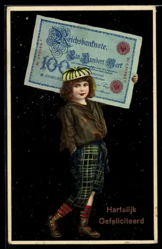 AK Kind mit Hundert Reichsmark-Schein auf der Schulter
