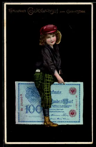 AK Kind mit Reichsbanknote über 100 Mark, Geburtstagsgruss, Geld
