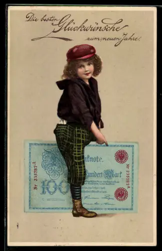 AK Kleines Mädchen mit einer Ein Hundert Mark Reichsbanknote, Geld