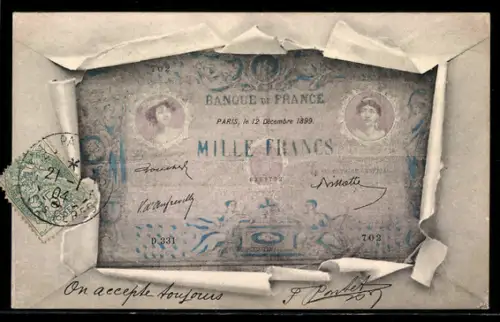 AK Eintausend Francs-Schein mit Briefumschlag-Passepartout