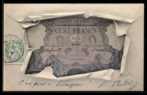 AK Einhundert Francs-Schein mit Briefumschlag-Passepartout
