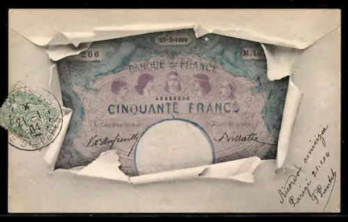 AK Fünfzig Francs-Schein mit Briefumschlag-Passepartout