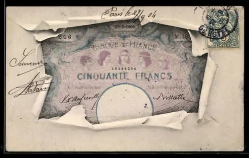 AK Fünfzig Francs-Schein mit Briefumschlag-Passepartout