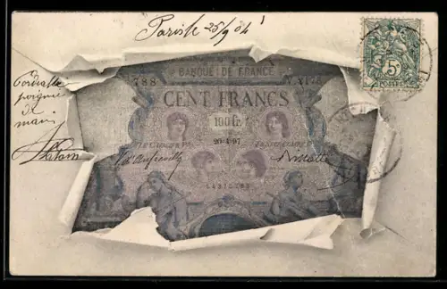 AK Einhundert Francs-Schein mit Briefumschlag-Passepartout