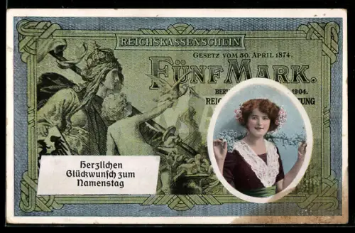 AK Fünf Mark Geldschein mit Damenporträt und Neujahrgrüssen