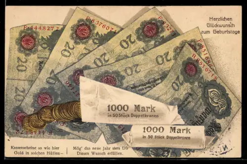 AK Zwanzig-Mark-Scheine und Münzen