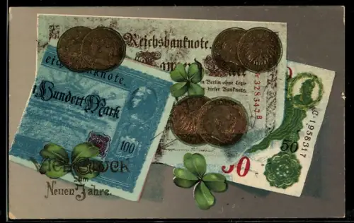Präge-AK Einhundert Reichsmark-Schein und Münzen