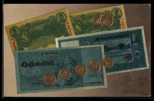 AK Hundert- und Fünfzig-Mark Scheine mit Münzen