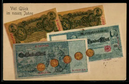 Präge-AK Reichsmark Scheine und Münzen
