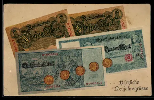 Präge-AK Reichsmark Scheine und Münzen