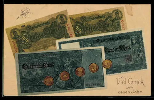 Präge-AK Reichsmark Scheine und Münzen