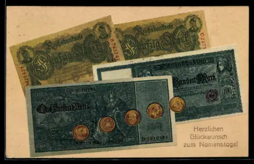 Präge-AK Reichsmark Scheine und Münzen
