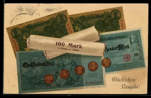 AK Neujahrsgruss, Münz-Geld und Banknoten