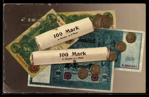 AK Viel Glück zum neuen Jahre!, 100 Mark in Stücken zu 2 und 1 Mark, Münzrolle