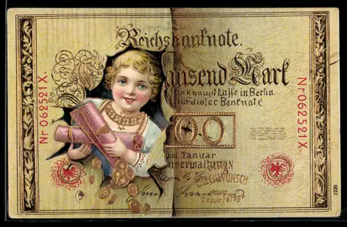 AK Mädchen mit Geldmünzen schaut durch Reichsbanknote Ein Tausend Mark