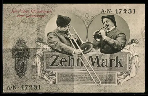 AK Geldschein über Zehn Mark mit zwei Musikanten