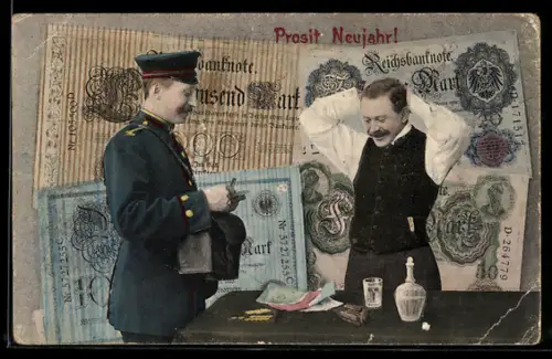 AK Postbote bei Mann mit Geldscheinen- und Münzen