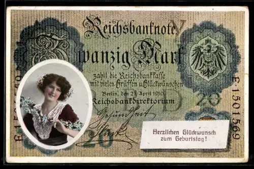 AK Frauenportrait auf Geldschein über zwanzig Mark