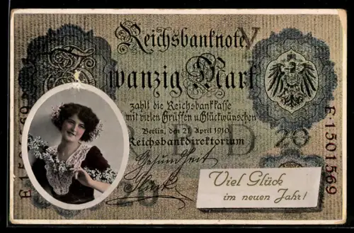 AK Frauenportrait auf Geldschein über zwanzig Mark