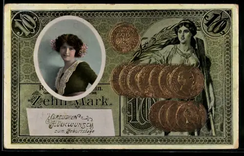 Präge-AK Zehn Reichsmark-Schein mit Portrait einer Frau und Münzen