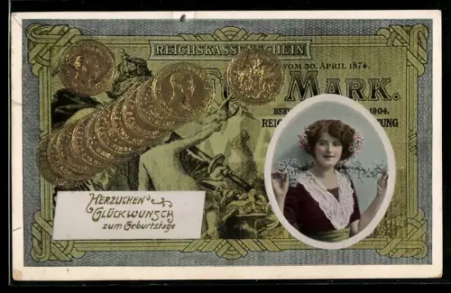 Präge-AK Fünf Reichsmark-Schein mit Portrait einer Frau und Münzen