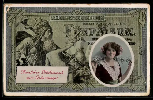 AK Fünf Mark Geldschein mit Damenporträt und Neujahrgrüssen