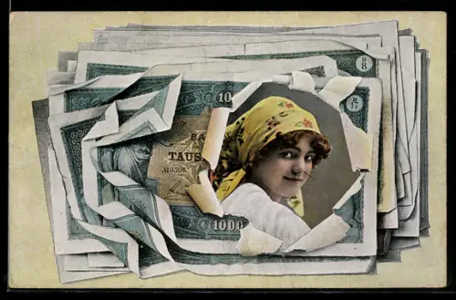 AK Reichsmarkscheine mit dem Portrait einer lächelnden Frau