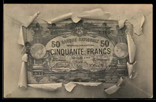 AK Fünfzig Francs-Schein mit Briefumschlag-Passepartout