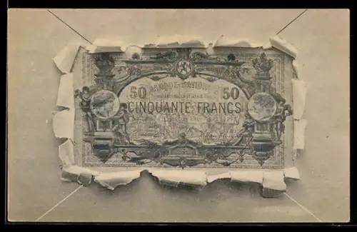 AK Geldschein Cinquante Francs in einem aufgerissenen Brief