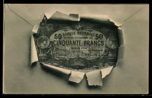 AK Fünfzig Francs-Schein mit Briefumschlag-Passepartout
