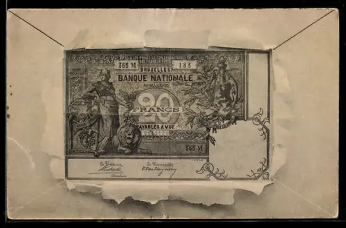 AK Bruxelles, Geldschein über zwanzig Francs durch zerrissenes Papier