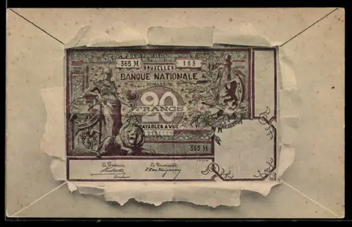 AK Bruxelles, Geldschein über zwanzig Francs durch zerrissenes Papier