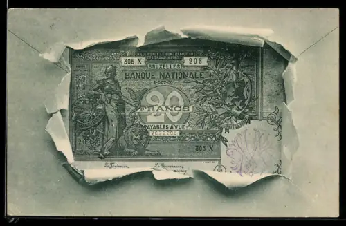 AK Zwanzig Francs-Schein mit Briefumschlag-Passepartout