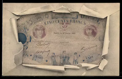 AK Fünfhundert Francs-Schein mit Briefumschlag-Passepartout