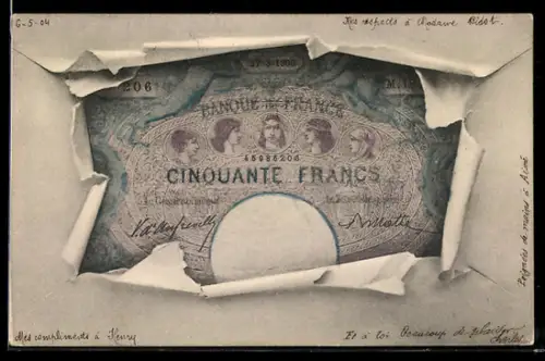 AK Geldschein Cinquante Francs in einem aufgerissenen Brief