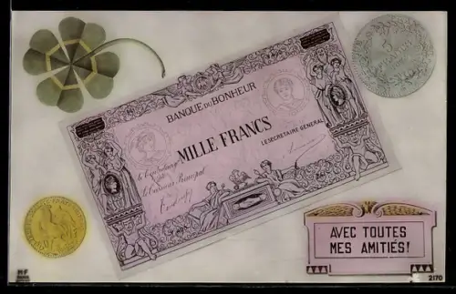 AK Eintausend Francs-Schein mit Kleeblatt und Münzen im Passepartout