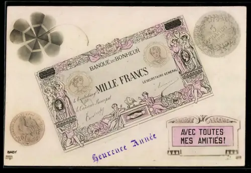 AK Eintausend Francs-Schein mit Kleeblatt und Münzen im Passepartout